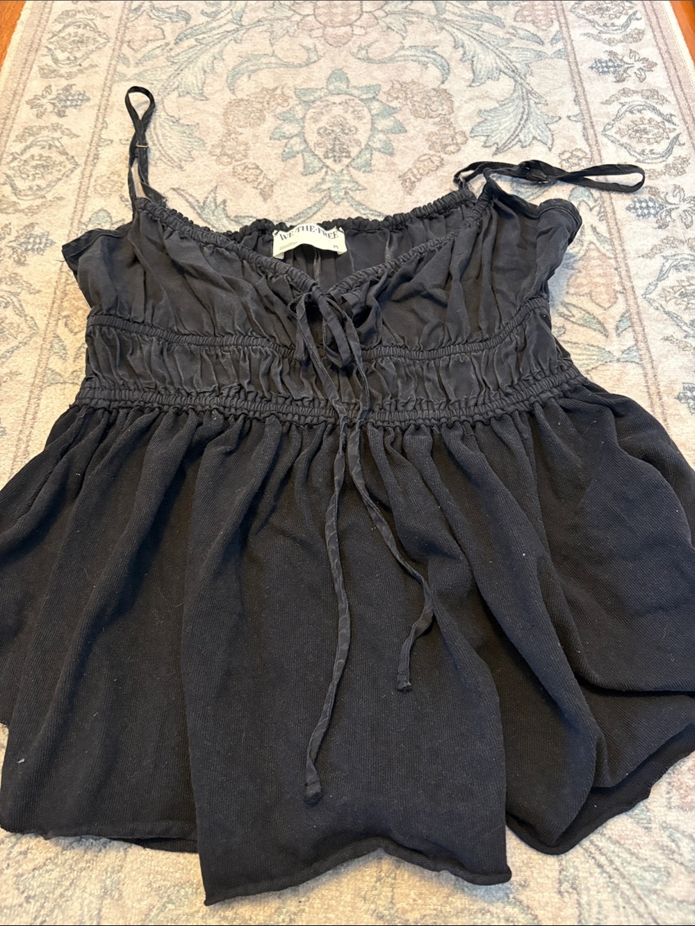 We The Free Black Smocked Tie-Front Spaghetti Strap Blouse